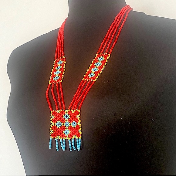 Vintage Beaded Necklace Southwestern Native American 60s 70s Bibb Collar Lariat - Picture 2 of 7